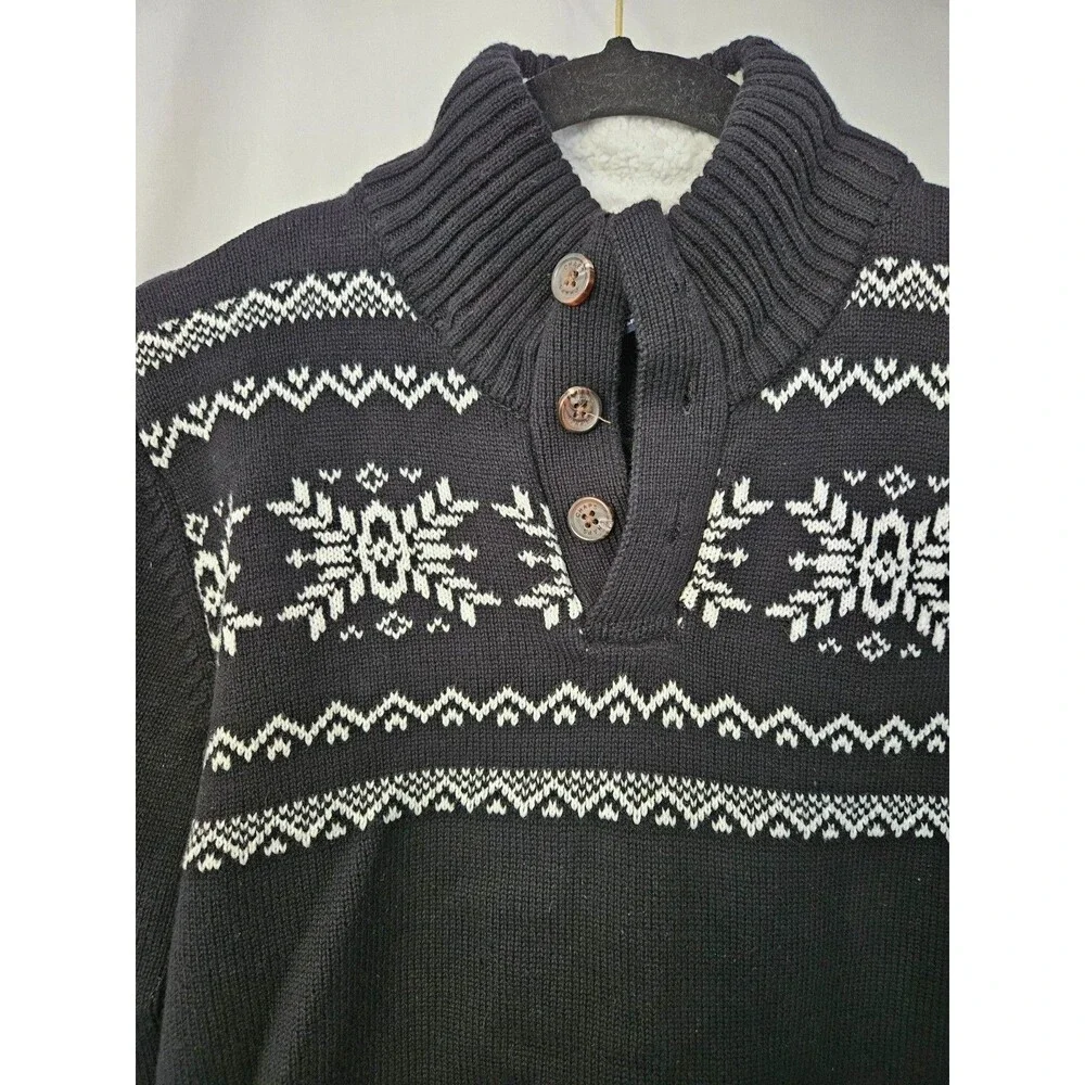 Chaps Sweater Boys XL 18/20 Black‎ Mock Neck Fair Isle Sherpa Collar